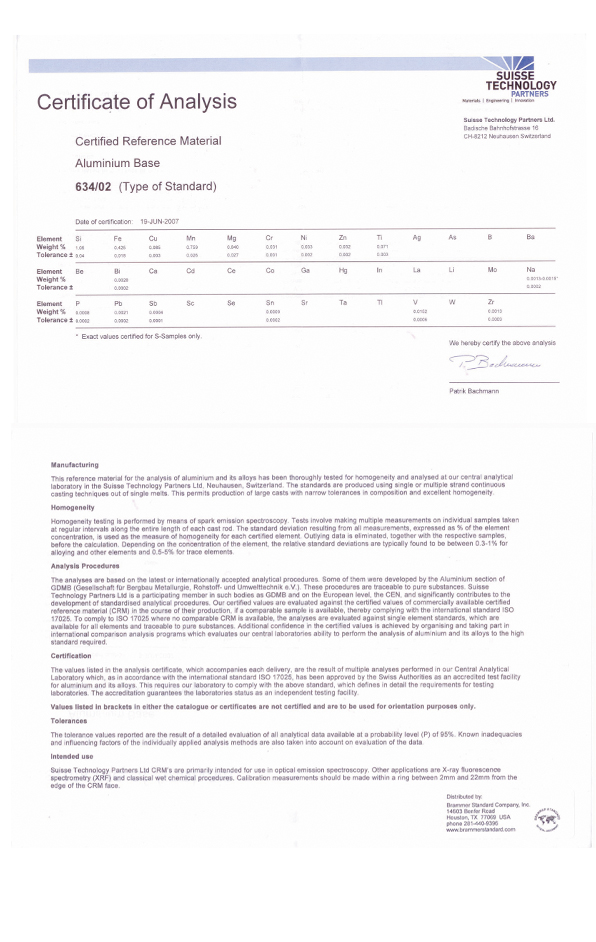進(jìn)口瑞士鋁業(yè)鋁合金光譜標(biāo)樣 AL 634/02標(biāo)樣證書(shū)